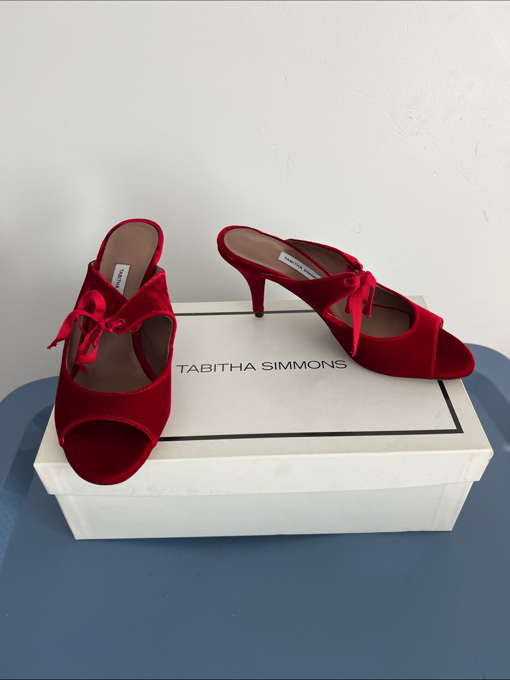 Tabitha Simmons Helene Red Velvet Open Toe Slip On Heels With Ribbon Bows 37
